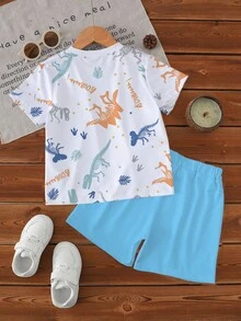 SHEIN 1 Set Young Boys' Casual Fashion White Summer Dinosaur Print Crew Neck Short-Sleeve T-Shirt And Matching Shorts Set,Vacation Beach Seaside Outfit - Multicolor - View 3