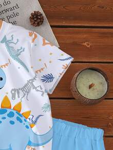 SHEIN 1 Set Young Boys' Casual Fashion White Summer Dinosaur Print Crew Neck Short-Sleeve T-Shirt And Matching Shorts Set,Vacation Beach Seaside Outfit - Multicolor - View 8