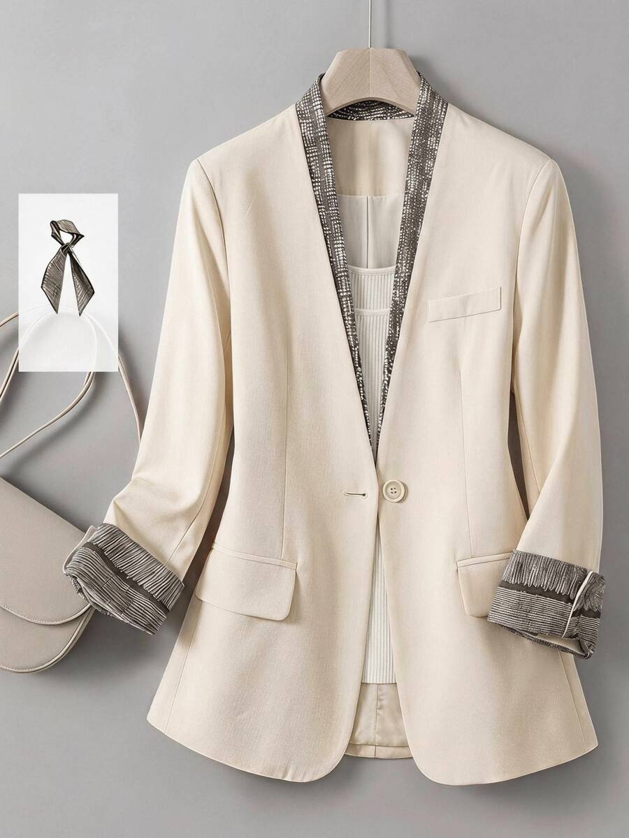 Rusticease Women's Elegant Casual Commuter Colorblock Patchwork Blazer Office Business Brown And White Polka Dot Fall - Khaki - View 1