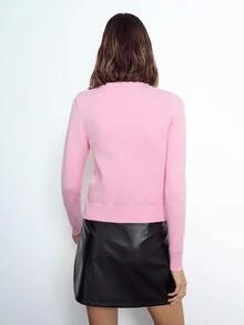 Maija 女款淺粉色長袖針織開襟外套，秋季休閒法式百搭返校穿搭，修身圓領前開襟，優雅商務辦公日常款 - 粉色 - 查看 7