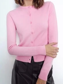 Maija 女款淺粉色長袖針織開襟外套，秋季休閒法式百搭返校穿搭，修身圓領前開襟，優雅商務辦公日常款 - 粉色 - 查看 4