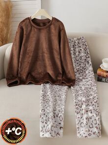 2pcs/Set Boys Casual Fleece Warm Crew Neck Long Sleeve Top And Leopard Print All-Over Long Pants Set, Comfortable Soft Autumn/Winter - Coffee Brown - View 1
