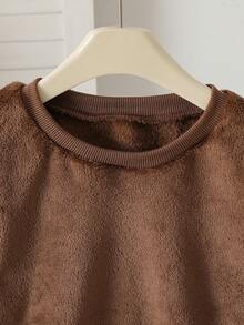 2pcs/Set Boys Casual Fleece Warm Crew Neck Long Sleeve Top And Leopard Print All-Over Long Pants Set, Comfortable Soft Autumn/Winter - Coffee Brown - View 3