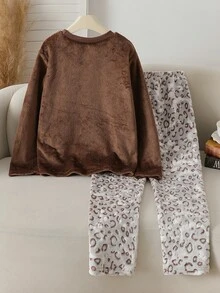 2pcs/Set Boys Casual Fleece Warm Crew Neck Long Sleeve Top And Leopard Print All-Over Long Pants Set, Comfortable Soft Autumn/Winter - Coffee Brown - View 2
