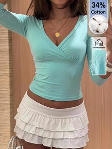 SHEIN Tall Women's Solid Color 3/4 Sleeve V-Neck Slimming T-Shirt - Teal Blue - View 3