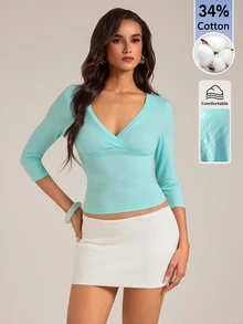 SHEIN Tall Women's Solid Color 3/4 Sleeve V-Neck Slimming T-Shirt - Teal Blue - View 7
