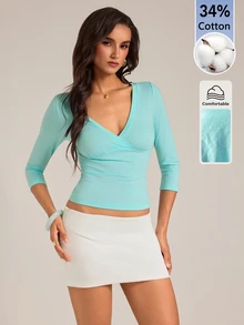 SHEIN Tall Women's Solid Color 3/4 Sleeve V-Neck Slimming T-Shirt - Teal Blue - View 5