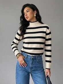 SHEIN Tall Women's Black And White Striped Turtleneck Long Sleeve Casual French Sweater Brunch Fall - Black and White - View 3