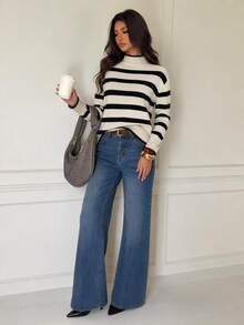 SHEIN Tall Women's Black And White Striped Turtleneck Long Sleeve Casual French Sweater Brunch Fall - Black and White - View 4