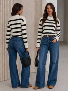 SHEIN Tall Women's Black And White Striped Turtleneck Long Sleeve Casual French Sweater Brunch Fall - Black and White - View 5