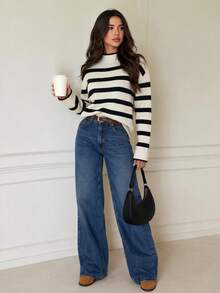SHEIN Tall Women's Black And White Striped Turtleneck Long Sleeve Casual French Sweater Brunch Fall - Black and White - View 2