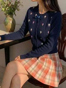 DAZY Pattern Embroidered Fitted Round Neck Long Sleeve Casual Vacation Vintage Girl Spring Autumn Knit Cardigan Women - Navy Blue - View 4