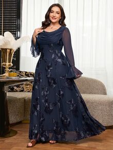 Reflora Plus Size Elegant Party Formal Dinner Cocktail Floral Embroidered Dress Autumn Wedding Navy Blue - Navy Blue - View 10