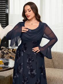 Reflora Plus Size Elegant Party Formal Dinner Cocktail Floral Embroidered Dress Autumn Wedding Navy Blue - Navy Blue - View 12