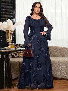 Reflora Plus Size Elegant Party Formal Dinner Cocktail Floral Embroidered Dress Autumn Wedding Navy Blue - Navy Blue - View 5