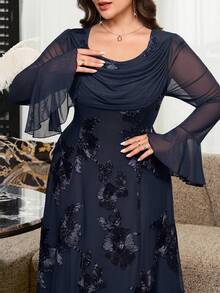 Reflora Plus Size Elegant Party Formal Dinner Cocktail Floral Embroidered Dress Autumn Wedding Navy Blue - Navy Blue - View 11