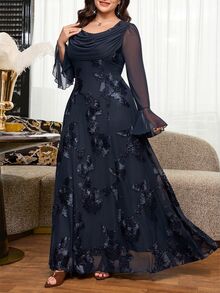 Reflora Plus Size Elegant Party Formal Dinner Cocktail Floral Embroidered Dress Autumn Wedding Navy Blue - Navy Blue - View 3