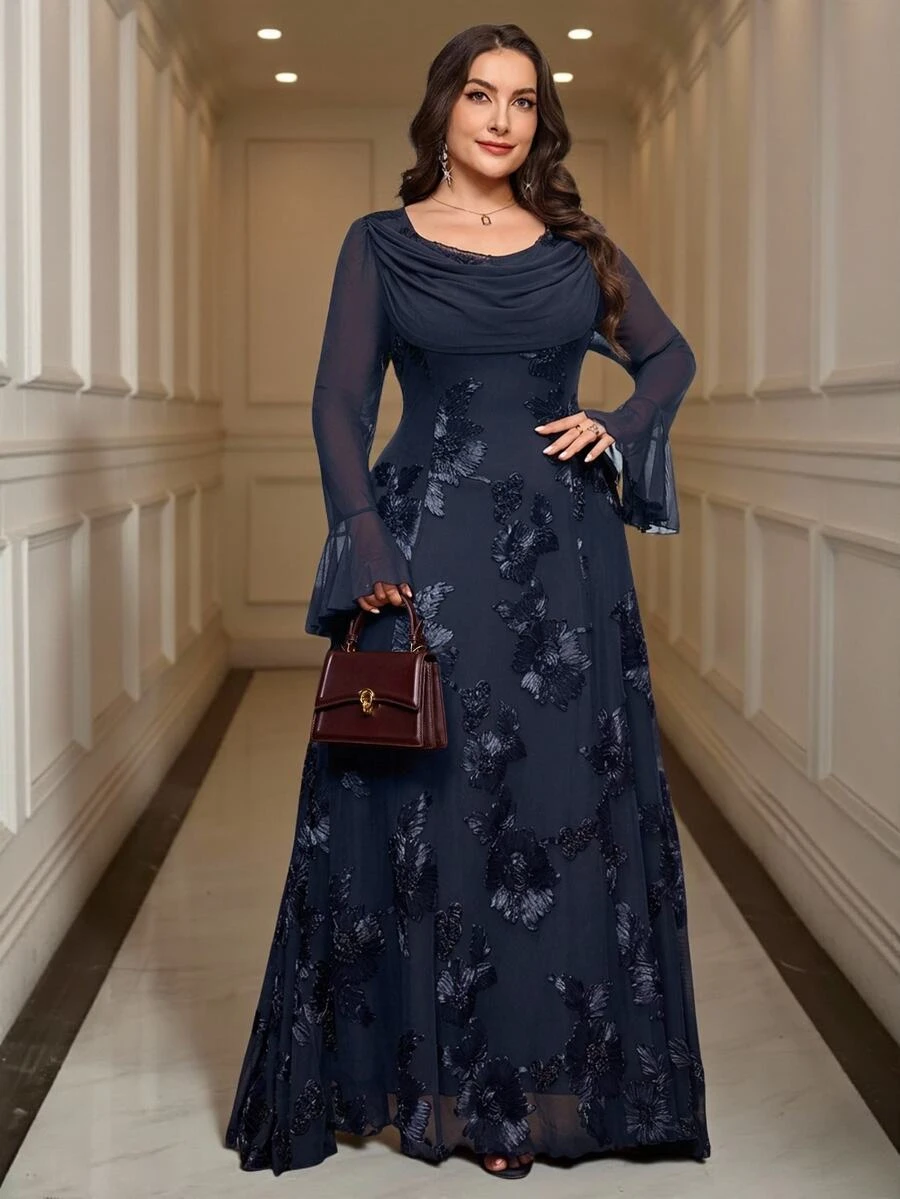 Reflora Plus Size Elegant Party Formal Dinner Cocktail Floral Embroidered Dress Autumn Wedding Navy Blue - Navy Blue - View 1