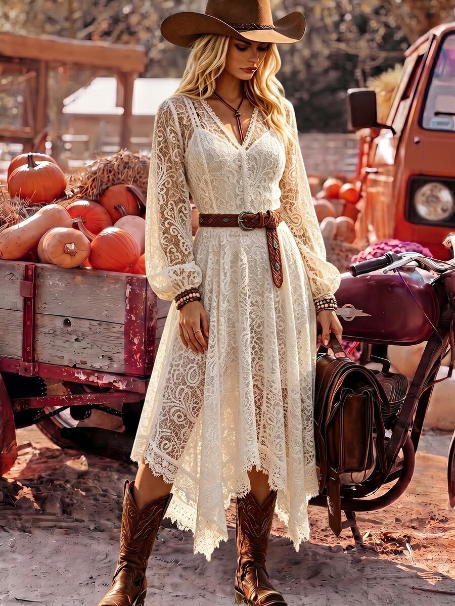 LanaWest Women's Holiday White Hollow Lace Camisole Inner Layer 2 In 1 V-Neck Patchwork Ruffle Lantern Sleeve Cinched Waist A-Line Asymmetrical Hem Boho Dress - White - View 1
