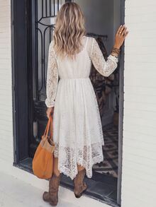 LanaWest Women's Holiday White Hollow Lace Camisole Inner Layer 2 In 1 V-Neck Patchwork Ruffle Lantern Sleeve Cinched Waist A-Line Asymmetrical Hem Boho Dress - White - View 2