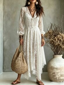 LanaWest Women's Holiday White Hollow Lace Camisole Inner Layer 2 In 1 V-Neck Patchwork Ruffle Lantern Sleeve Cinched Waist A-Line Asymmetrical Hem Boho Dress - White - View 8