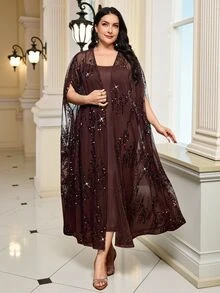 Reflora Plus Size Sequin Mesh Long Robe Dress 2 Pieces Set Evening Dinner Party Christening Guest Formal Cocktail Wedding Brown Summer Elegant Sexy Casual - Blue and White - View 2