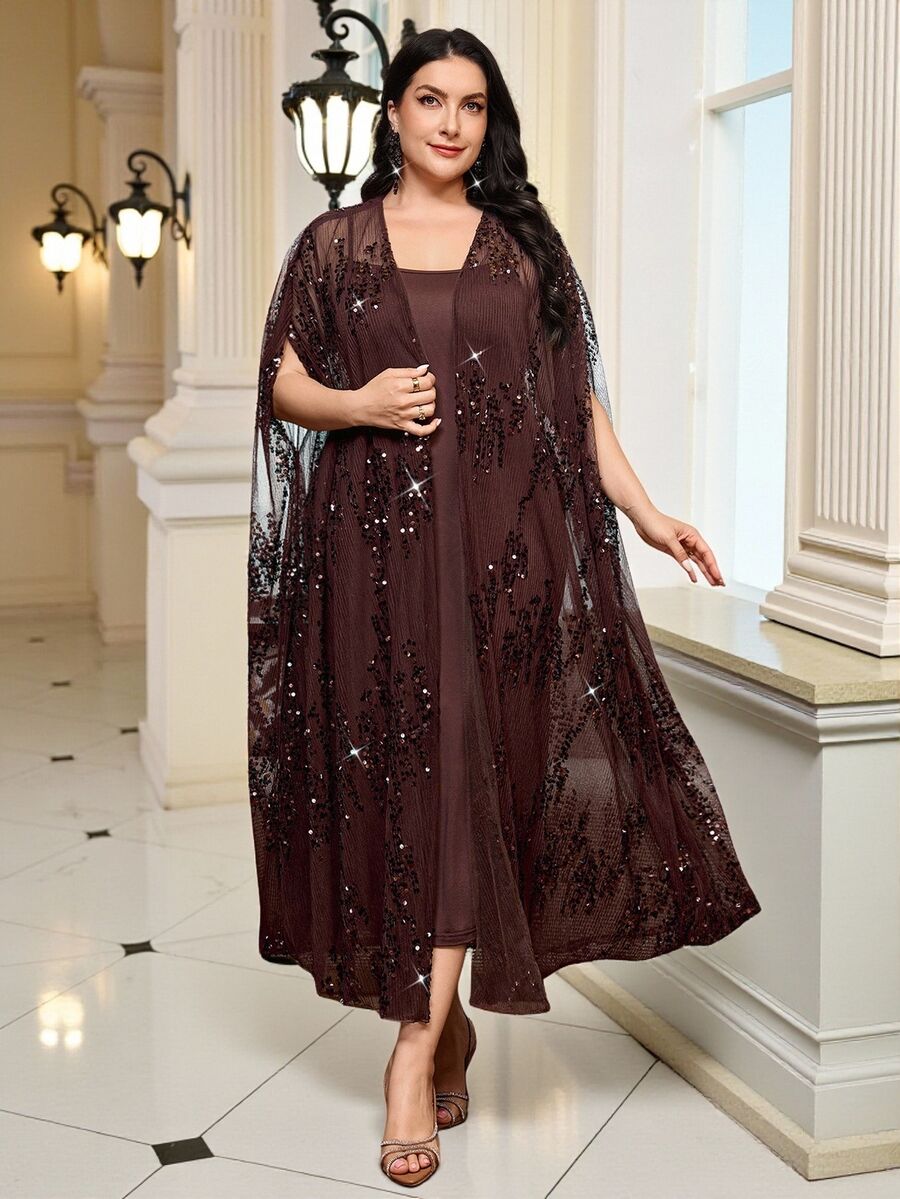 Reflora Plus Size Sequin Mesh Long Robe Dress 2 Pieces Set Evening Dinner Party Christening Guest Formal Cocktail Wedding Brown Summer Elegant Sexy Casual