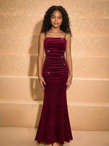 Tween Girl Tween Girls Spaghetti Strap Long Autumn Dress, Elegant Party, Ceremony, Formal Occasion, Ball, Evening Banquet - Burgundy - View 1