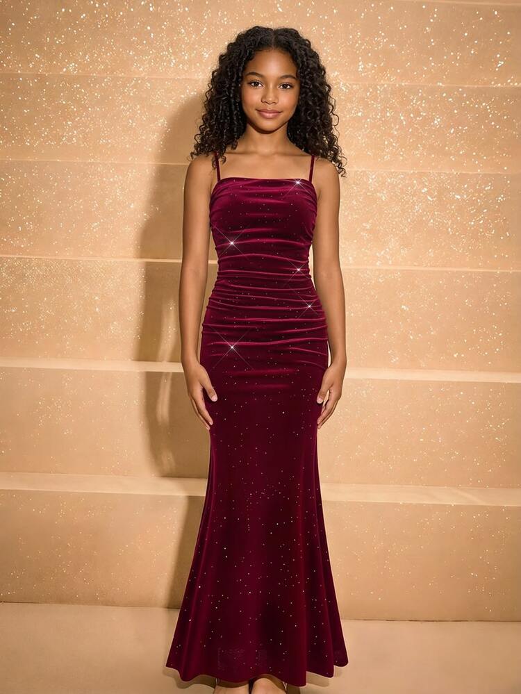 Tween Girl Tween Girls Spaghetti Strap Long Autumn Dress, Elegant Party, Ceremony, Formal Occasion, Ball, Evening Banquet - Burgundy - View 1