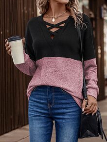 LUMIGAL Women's Spring/Autumn Two Tone Crisscross V-Neck Drop Shoulder Loose Sweatshirt - Multicolor - View 6
