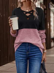 LUMIGAL Women's Spring/Autumn Two Tone Crisscross V-Neck Drop Shoulder Loose Sweatshirt - Multicolor - View 4