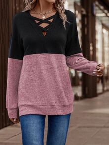 LUMIGAL Women's Spring/Autumn Two Tone Crisscross V-Neck Drop Shoulder Loose Sweatshirt - Multicolor - View 5