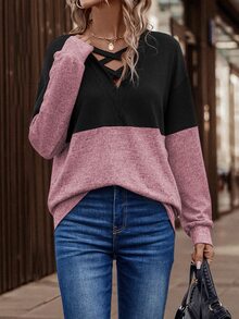 LUMIGAL Women's Spring/Autumn Two Tone Crisscross V-Neck Drop Shoulder Loose Sweatshirt - Multicolor - View 3