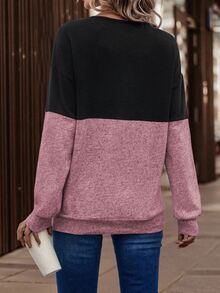 LUMIGAL Women's Spring/Autumn Two Tone Crisscross V-Neck Drop Shoulder Loose Sweatshirt - Multicolor - View 2