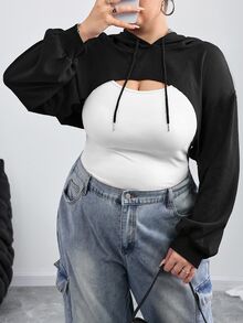 SHEIN CURVE+ Plus-Size Black Knitted Ultra-Short Hooded Sweater, Suitable For Autumn And Winter Wear/Autumn /Winter Fall Formal Date Night Casual 90s - Black - View 9