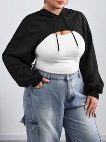 SHEIN CURVE+ Plus-Size Black Knitted Ultra-Short Hooded Sweater, Suitable For Autumn And Winter Wear/Autumn /Winter Fall Formal Date Night Casual 90s - Black - View 5