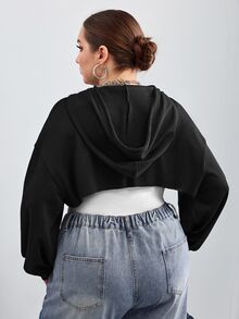 SHEIN CURVE+ Plus-Size Black Knitted Ultra-Short Hooded Sweater, Suitable For Autumn And Winter Wear/Autumn /Winter Fall Formal Date Night Casual 90s - Black - View 2