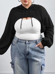 SHEIN CURVE+ Plus-Size Black Knitted Ultra-Short Hooded Sweater, Suitable For Autumn And Winter Wear/Autumn /Winter Fall Formal Date Night Casual 90s - Black - View 4