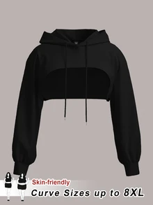 SHEIN CURVE+ Plus-Size Black Knitted Ultra-Short Hooded Sweater, Suitable For Autumn And Winter Wear/Autumn /Winter Fall Formal Date Night Casual 90s - Black - View 8