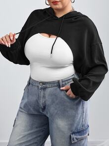 SHEIN CURVE+ Plus-Size Black Knitted Ultra-Short Hooded Sweater, Suitable For Autumn And Winter Wear/Autumn /Winter Fall Formal Date Night Casual 90s - Black - View 3
