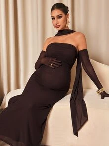 MaterniChic Gaun Hamil Elegan dengan Bahu Terbuka dan Pinggang Tinggi - Coklat - View 6