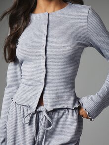 MISSGUIDED Striped Ribbed Knit Co-Ord Set Button Front Crop Cardigan And Wide Leg Lounge Pants With Lettuce Hem Detail For Christmas - Light Grey - View 4