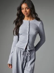 MISSGUIDED Striped Ribbed Knit Co-Ord Set Button Front Crop Cardigan And Wide Leg Lounge Pants With Lettuce Hem Detail For Christmas - Light Grey - View 3