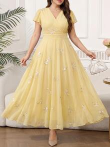 Reflora Plus Size Women's Elegant Dress With Large Floral Print, Summer Wedding Guest Dress - Yellow - View 6