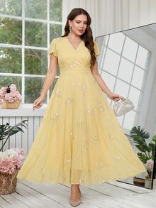 Reflora Plus Size Women's Elegant Dress With Large Floral Print, Summer Wedding Guest Dress - Yellow - View 4