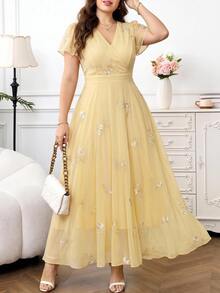 Reflora Plus Size Women's Elegant Dress With Large Floral Print, Summer Wedding Guest Dress - Yellow - View 10
