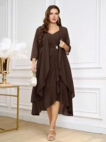 Reflora Plus Rhinestone Detail Cami Dress Open Front Coat Autumn Wedding Formal Dinner Brown Elegant - Coffee Brown - View 1