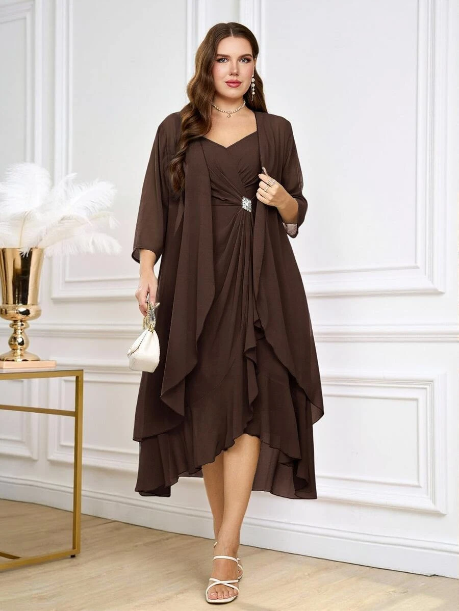 Reflora Plus Rhinestone Detail Cami Dress Open Front Coat Autumn Wedding Formal Dinner Brown Elegant - Coffee Brown - View 1