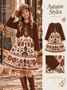 Tween Girls Dark Brown Beige Fleece Lined Dress 2 Pieces Set, Solid Color Fuzzy Cardigan Paired With Vintage Cottage Ditsy Floral Skirt, Autumn - Multicolor - View 1