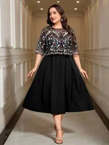 Reflora Plus Size Women Floral Sequin Mesh Short Sleeve Elegant Dress Wedding Cocktail Evening Black Summer Christmas - Black - View 1